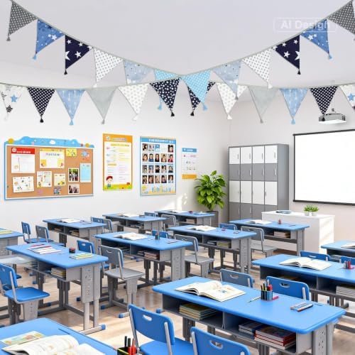 G2PLUS 10.8Ft Cotton Triangle Bunting Banner – 12pcs Blue and Gray Fabric - Image 4