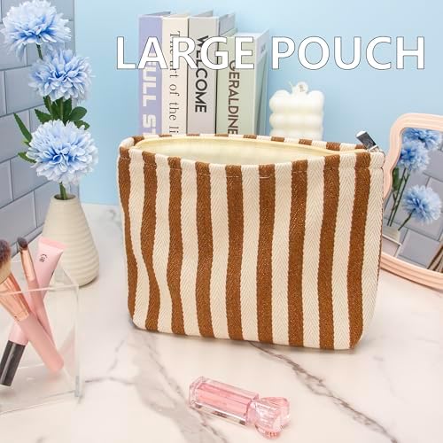 Flat Makeup Bag for Women, Zipper Cosmetic Pouch for Purse, Stripe Coffee - Image 5