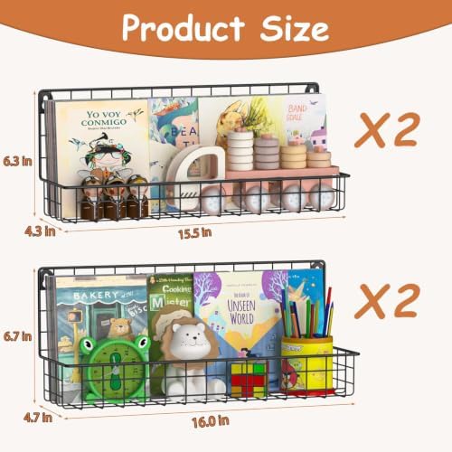 X-cosrack 4-Pack Wall Mounted Metal Kids Bookshelf, Floating Book Shelves - Image 3