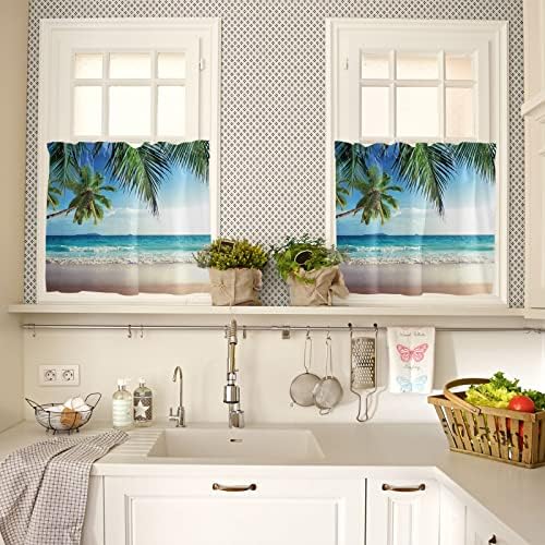Kitchen Curtains and Valances Set, Palms Tree Ocean Tropical Sea Window - Image 2