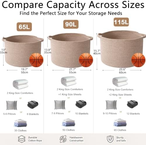 65L Large Blanket Basket, Woven Rope Laundry Basket-Brown - Image 2