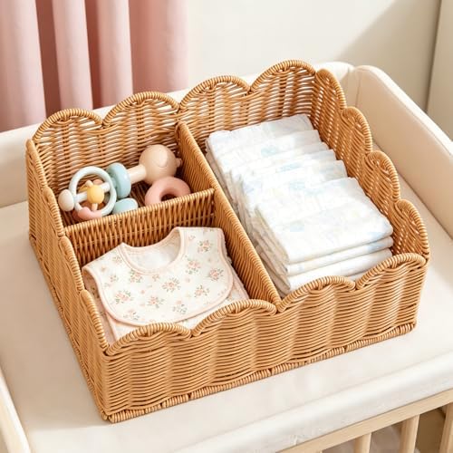 Rattan Divided Scalloped Basket, Wicker Diaper Caddy Scalloped Baske, Woven - Image 2