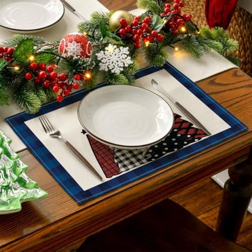 Artoid Mode Blue Waterclor Buffalo Plaid Christmas Trees Placemats Set of 4 - Image 4