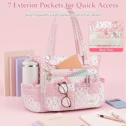 WOBAGMEN Teacher Tote Bag for Women, Quilted Floral Laptop Work Tote - Image 2
