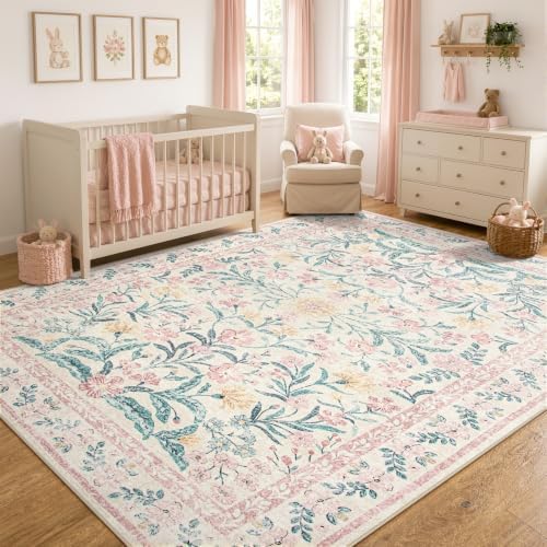 Wonnitar Floral Large Rugs for Living Room, Soft Light Pink Rug Washable 9x12 by Wonnitar