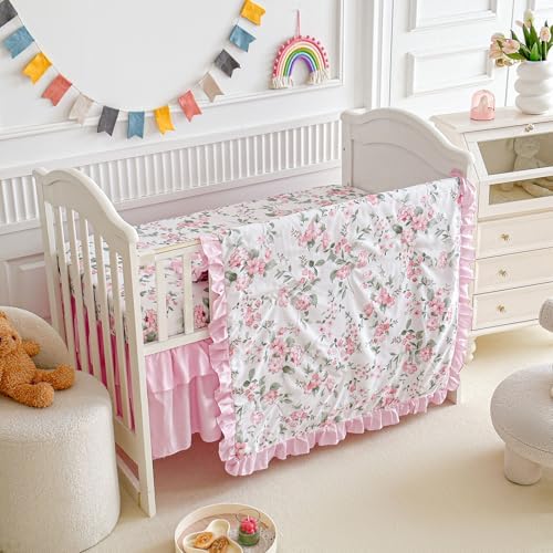 3 Pieces Pink Rose Flowers Mini Crib Bedding Set Baby Ruffled Quilted Comforter - Image 3