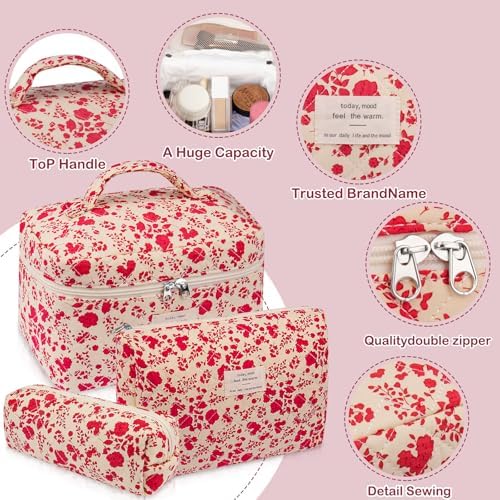 Gosect 3pc Makeup Bag Set, Quilted Makeup Bag Set, Large Floral Cosmetic Bag - Image 3