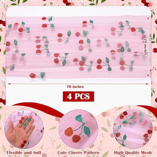 4 Pcs Cherry Table Runner 29x70 Inch Pink Glitter Tulle Summer - Image 2