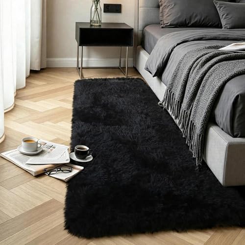 Black Fluffy Shag Runner Rug, Machine Washable Non Slip Plush Carpet by KICHOWUA