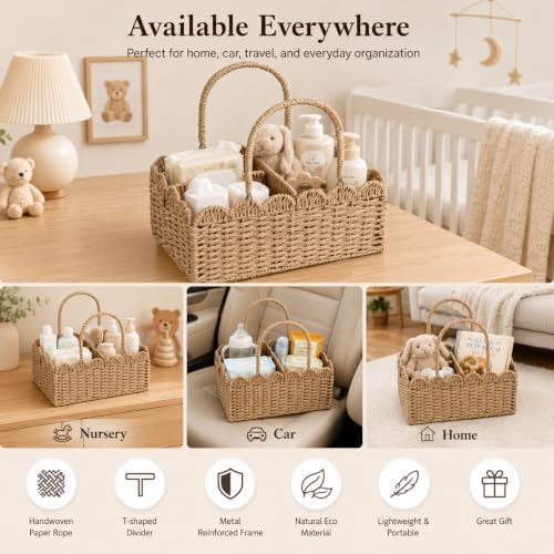 Large Wicker Diaper Caddy Organizer, Scalloped Nursery Basket - Image 4