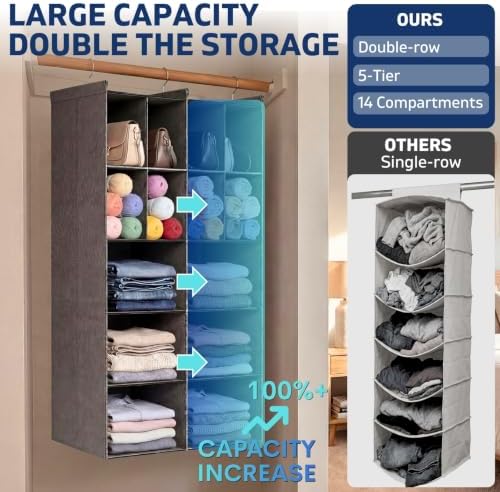 5 Tier Hanging Closet Organizer, 14 Compartments Dual Row Storage - Image 3