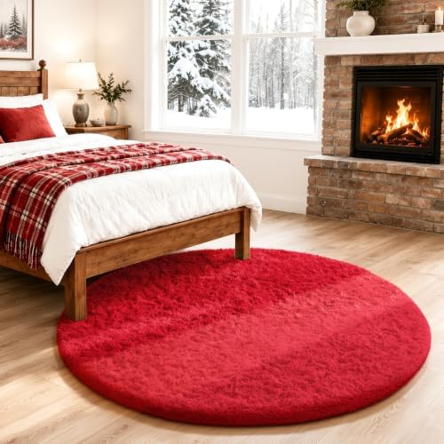 Ophanie Round Rug 4Ft Red Circle Area Rug, Christmas Room Decor, Aesthetic by Ophanie