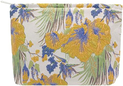 Flat Makeup Bag for Women, Zipper Cosmetic Pouch Purse, Brocade Flower Yellow by PAZIMIIK