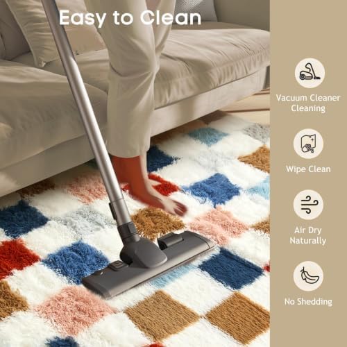 Ophanie Checkered Rainbow Rug for Living Room Bedroom, Colorful Fluffy Soft - Image 6