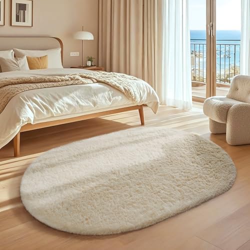 Ophanie 4x6 Oval Ivory Rugs for Bedroom Living Room Washable, Fluffy Fuzzy - Image 3