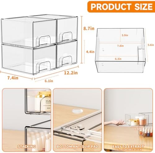 Yieach 4 Pack Clear Stackable Storage Drawers, 4.4'' Tall Acrylic Drawer - Image 3