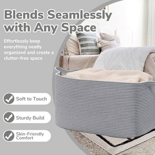 Goodpick 85L Large Woven Blanket Basket 23.6" x 15.7" x 13.8" Cotton Rope - Image 5