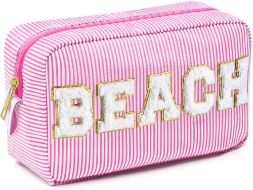 Sanwuta Seersucker Cosmetic Bags Beach Bags Chenille Letter Makeup Bag Stripe by Sanwuta