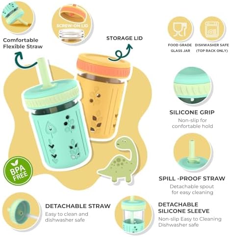Tronco 8 oz Glass Sippy Cup for Toddlers, Kids Mason Jar Smoothie Cup - Image 2