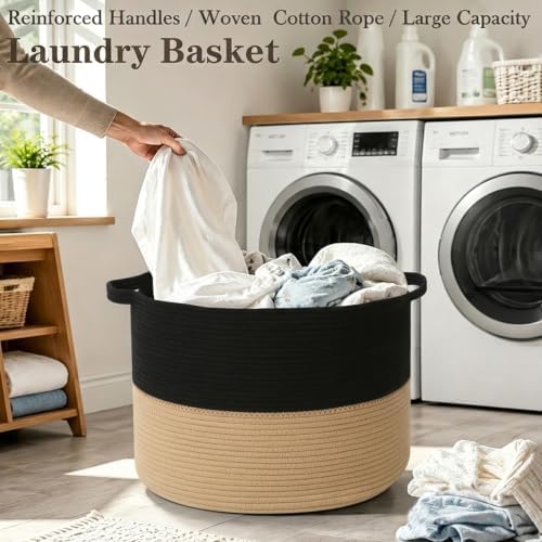 90L Extra Large Blanket Basket, Woven Laundry Basket-Black&Camel - Image 5