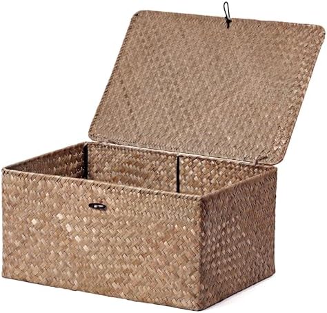 Nonam Large Wicker Basket with Lid, Seagrass Shelf Storage Basket by Home