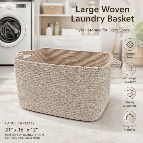 65L Large Laundry Basket with Handles, Woven Blanket Basket - Image 4