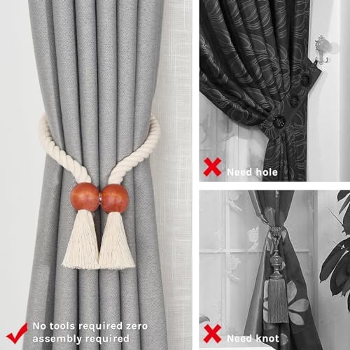 NICEEC 2 Pack Wooden Ball Magnetic Curtain Tiebacks Boho Home Decor Drape Tie - Image 2