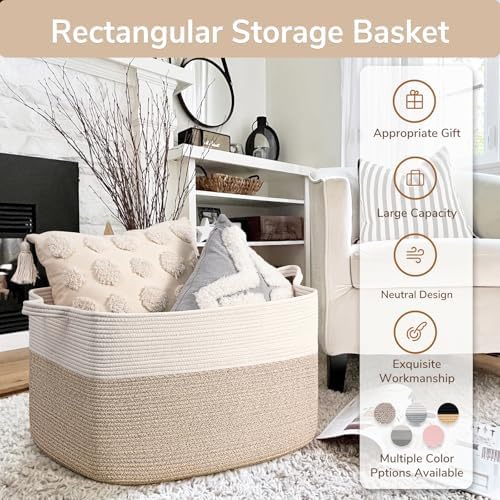 Goodpick Large Woven Blanket Basket 23.6" x 15.7" x 13.8" Cotton Rope Storage - Image 7