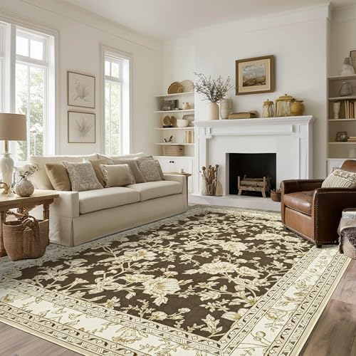 Brown and Cream Rug 5x7 for Living Room Boho Neutral Bedroom Rugs Washable by BILEEHOME