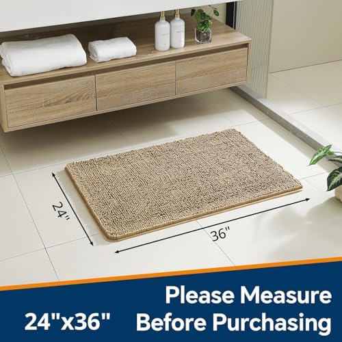 Chenille Bathroom Rug 24"x36" Beige, Non-Slip Plush Bath Mat - Image 2