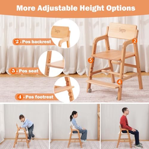 Swegrow Wooden High Chair with 2 Wheels, Adjustable Seat - Image 5