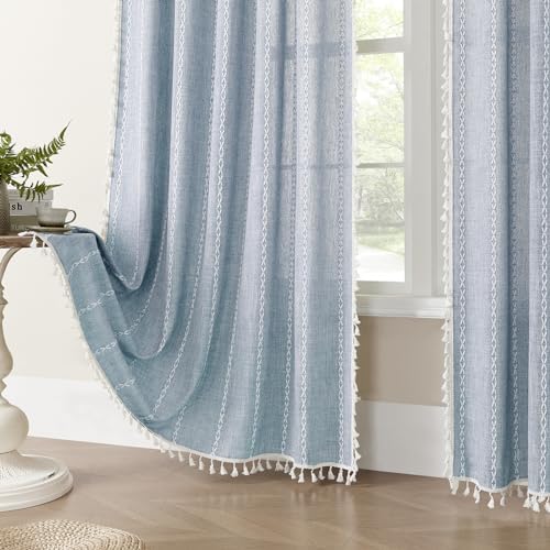 MitoVilla Blue Boho Linen Bedroom Curtains 84 Inch Length 2 Panels Set - Image 2