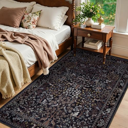 Midnight Blue 4x6 Area Rug for Entryway, Tree of Life Floral Animal Print Small - Image 4