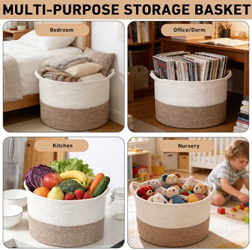 115L Extra Large Blanket Basket, Woven Laundry Basket- White & Brown - Image 6