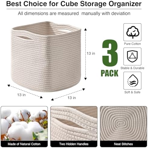 ICERZCZ 13 Inch Cube Closet Storage Bins, Woven Cotton Rope Organizer Baskets - Image 2
