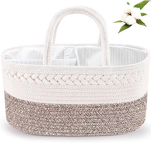 ABenkle Diaper Caddy Organizer, Boho Rustic Cotton Rope Nursery Baby Basket by ABenkle