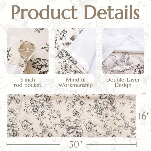 jinchan Black Floral Linen Valance Curtain Lined 16 Inch Rod Pocket 1 Panel - Image 6