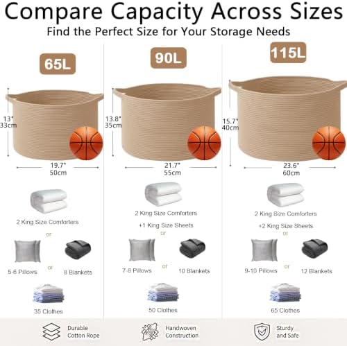65L Large Blanket Basket, Woven Rope Laundry Basket-Camel - Image 2