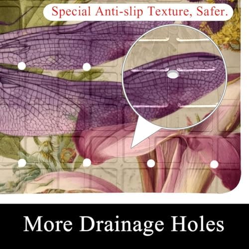 Bathtub Mat Non Slip 26.8x15.1 Inch, Dragonfly Antique Wildflowers Shower Mat - Image 2
