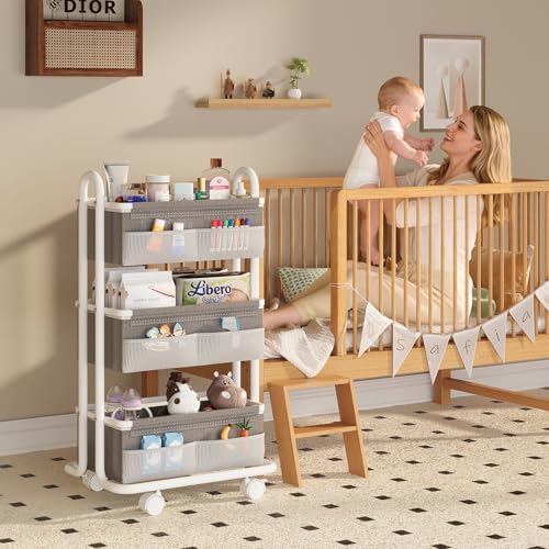 3-Tier Baby Diaper Caddy Organizer Cart, Mobile Nursery Storage Carts - Image 2