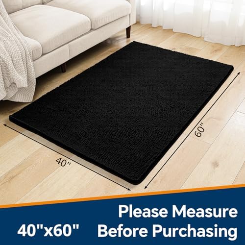 Chenille Bathroom Rug 40"x60" Black, Large Plush Bath Mat - Image 2