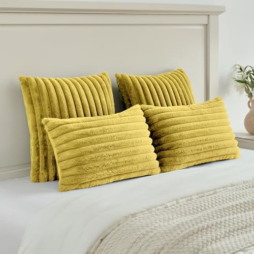 FUTEI Pack of 2 Faux Fur Throw Pillow Covers 26x26 Inch, Mustard Yellow - Image 5
