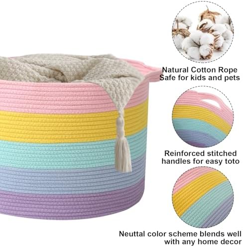 115L Large Blanket Basket, Rope Woven Laundry Basket-Colorful - Image 3