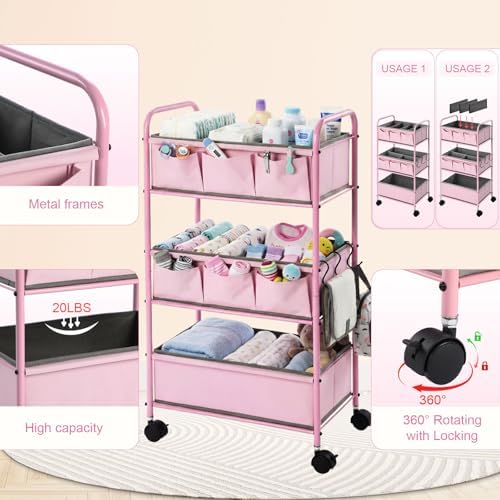 WILLBOND 3 Tier Pink Baby Diaper Caddy Organizer Cart - Image 3