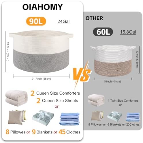 OIAHOMY 90L XXXLarge Blanket Basket Living Room Laundry Basket White&Grey - Image 3