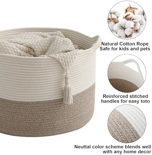 115L Extra Large Blanket Basket, Woven Laundry Basket- White & Brown - Image 3