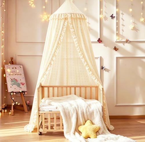 Mengesi Bed Canopy with Pom Pom- Lace Chiffon Canopy Bed Curtains, Ruffles - Image 4