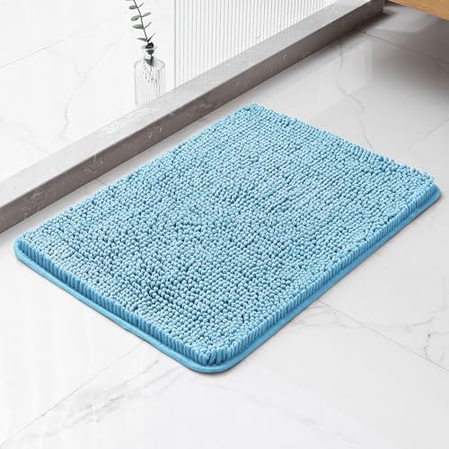 Chenille Bathroom Rug 17"x24" Sky Blue, Non-Slip Plush Bath Mat by Kildoss