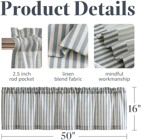 jinchan Linen Boxter Striped Kitchen Valances Blue 50 x 16 inch 2 Panels - Image 4