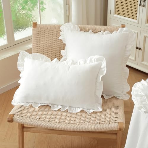 Set of 2 White Ruffle Pillow Covers 18x18 Inch, Solid White Decorative Throw - Image 3